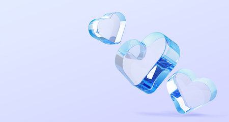 3d abstract liquid glass transparent hearts render background. Valentine sale banner with blue glossy crystal bubbles romantic love symbols and empty space for Mother day or weddingの写真素材
