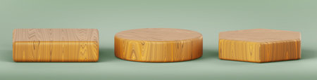 3d set of wooden square, round and hexagon stand podium isolated on green background render. Nature...