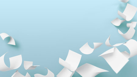 Flying on wind white paper pages on blue background 3d render. Falling office document files, empty bill, invoice. Realistic blank curve sheets of book, scattered note floating in airの写真素材