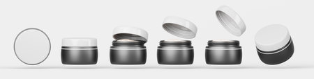 3d set of black cream jar with white lid mockup front and top view. Realistic cosmetic plastic container with beauty skincare product, serum or lotion, closed and open package renderの写真素材