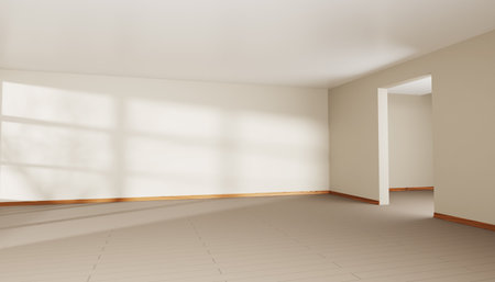 3d empty room interior with doorway. Modern living room, office or studio with light and window shadow on beige wall, wood floor and white ceiling. Corner view with hallway entranceの写真素材