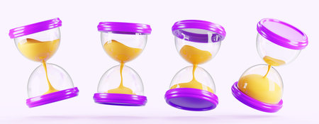 3d set of hourglass, glass sand clock, time render icon. Vintage watch countdown hours for wait or loading history, timer. Isolated design elements for business, social media or gameの写真素材