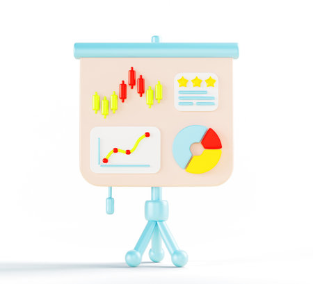 3d white board with infographic charts and diagrams. Isolated flipchart on blue tripod with data...