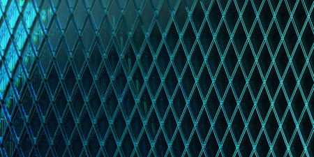 3d background with glass rhombus grid pattern. Abstract render crystal tile wall with green blue...