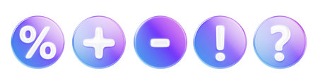 3d set of glass holographic round badge icon with percent sign, question mark, exclamation point, plus and minus symbol render. Isolated iridescent gradient buttons for app, ui designの写真素材