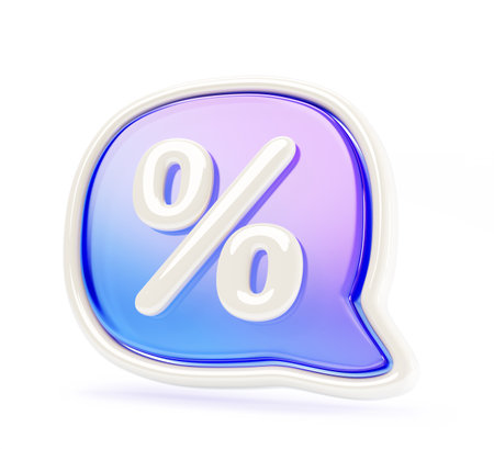 3d glass hologram speech bubble, chat icon with percent sign render. Discount offer price tag talk message box, sale notification symbol, percentage square text dialogue banner frameの写真素材