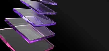Abstract 3d black background wallpaper with glass square layer effect and holographic gradient...