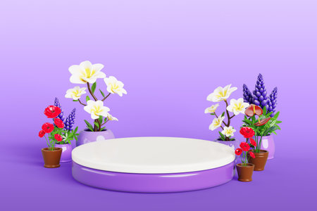 3d round podium with flower plants in pot for product presentation. Nature render beauty showcase with lupin, poppy and tropical plumeria tree on floor. Spring pedestal in purple roomの写真素材