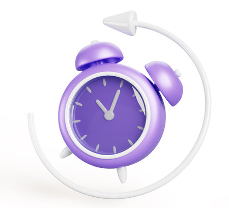3d alarm clock with arrow cartoon render icon. Timer notification for fast delivery service, time deadline concept. Vintage watch countdown hours and minutes, isolated design elementの写真素材