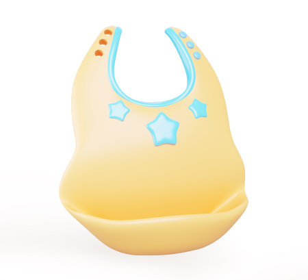 Baby bib 3d render icon. Silicone bib for feeding newborn kid. Cartoon cute drooler with pocket for food, yellow with blue stars isolated on white background. Child nursing accessoryの写真素材