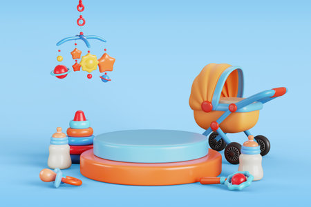 3d baby product podium display on blue background render. Children store sale banner. Cute kids...