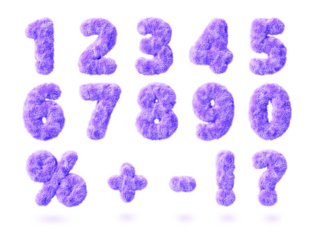 3d purple fur fluffy numbers font from 0 to 9, cute furry percent sign, question mark, exclamation, plus, minus symbol with hair texture. Funny children alphabet of soft wool renderの写真素材