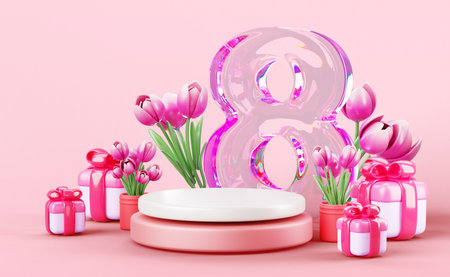 8 March congratulation or holiday sale promo podium with glass number eight, spring tulips, red gift boxes on pastel pink flower background 3d render. International Women Day bannerの写真素材