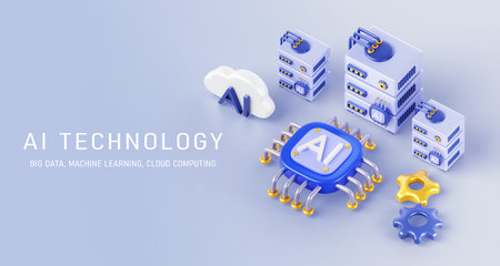 AI technology isometric 3d banner. Artificial intelligence server with chip processor gpu and gears...