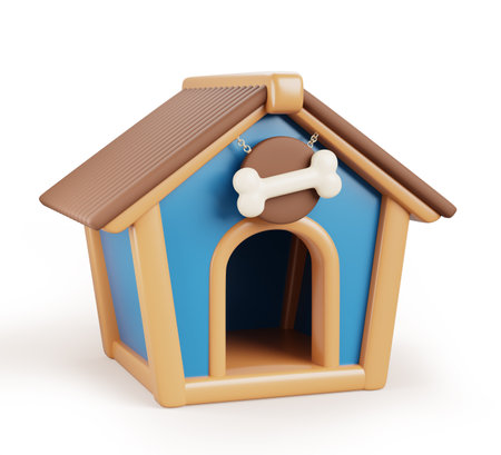 3d dog house, kennel or box cartoon render icon. Isolated blue doghouse with wood roof, arched entrance and bone signboard for puppy. Wooden cabin or cottage for garden or pet shelterの写真素材