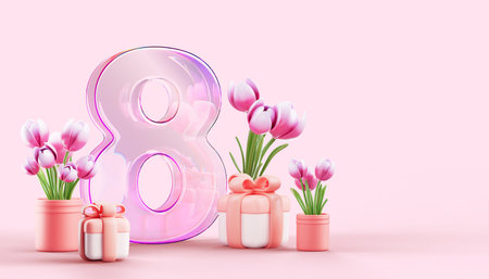 8 March pink background with glass holographic gradient transparent number eight, spring tulip in flower pot, gift box 3d render. International Women Day banner, holiday greeting cardの写真素材