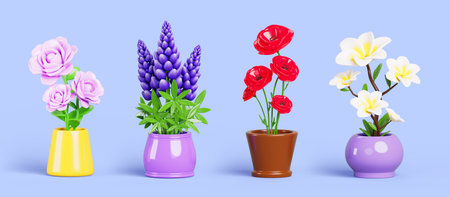 3d house plants with flowers in pots. Cartoon render set of pink pose, purple lupine, red poppy,...