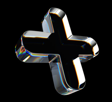 3d glass holographic transparent plus sign with dispersion light on black background render. Rainbow crystal cross symbol with neon gradient texture. Tech ui design, graphic elementの写真素材