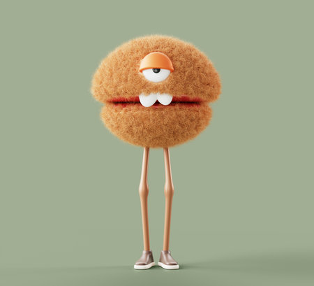 Cute monster cartoon character 3d render. Funny fluffy alien, furry animal creature with face, eye, mouth. Comic fur halloween costume. Hairy fuzzy mascot on green backgroundの写真素材