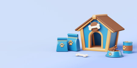 Pet sitter service 3d banner. Dog house with bowl, feed bag, tin can, bone on blue background render. Offer pet sitting business. Help to care and walking for domestic animals conceptの写真素材