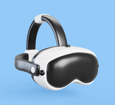 VR glasses for play video game cartoon 3d render icon. Virtual reality helmet headset, head mounted display isolated on blue background. AR goggles or augmented, digital technologyの写真素材