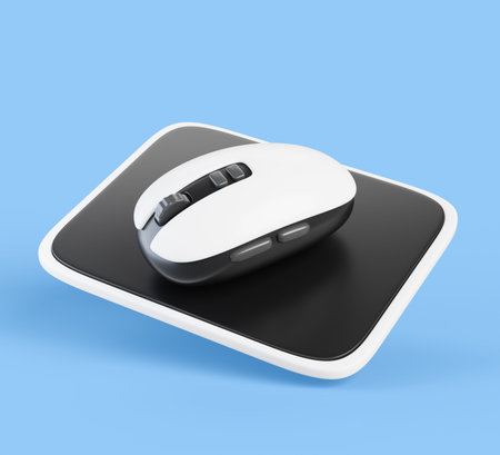 Gamer computer mouse on pad cartoon 3d render icon. Realistic cursor control device for home and office. Black white wireless mouse with wheel and buttons, isolated design elementsの写真素材