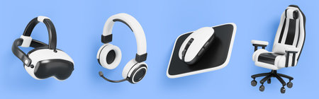3d set of video game devices. VR glasses, headphones with microphone, computer mouse on pad, gaming...