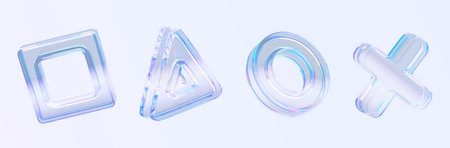 3d glass game button set. Abstract transparent geometric shapes square, triangle, circle, cross with...