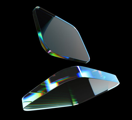 3d crystal light rainbow holographic glass square plate shapes on black background. Abstract...