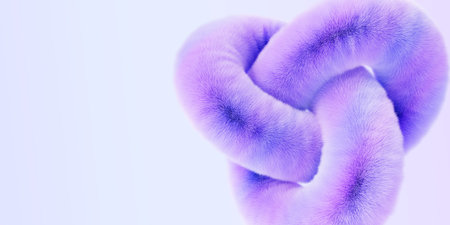 Abstract 3d blue background with fur fluffy knot render. Cute furry geometric shape with purple...