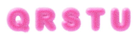 3d pink fur type font, fluffy alphabet letters q, r, s, t, u render. Furry english letters with hairy texture for fun education kids. Cute fuzzy wool text isolated on white backgroundの写真素材