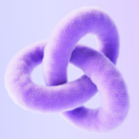 Purple fur fluffy abstract geometric shape with hairy texture 3d render. Furry wool creative form, cute plush infinite curve line, fuzzy soft art object, isolated design elementの写真素材