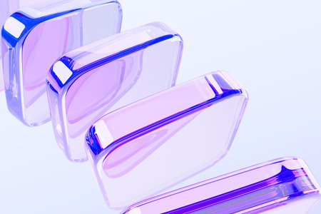 Abstract 3d background with row of glass holographic transparent square plates render. Dynamic...