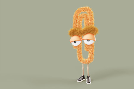 3d cute character of school stationery paper clip on green render background. Cartoon funny fur fluffy student education mascot paperclip with hairy texture and sleepy eyes faceの写真素材