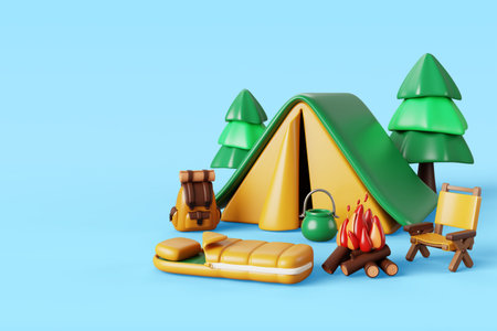 3d summer camp with tent, sleeping bag, backpack, chair, bonfire. Render cartoon landscape with forest and campsite. Equipment for travel, hiking and activity vacationの写真素材