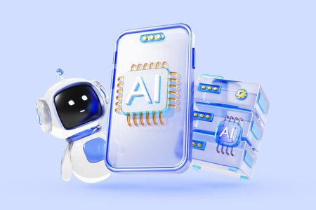 Artificial intelligence technology 3d blue background. Glass smartphone with ai chip, chat bot robot...