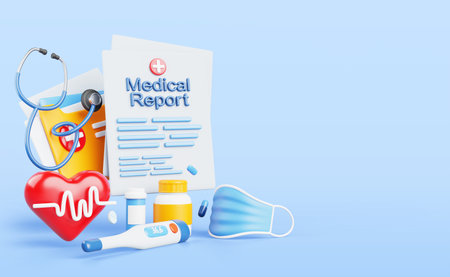 Medical report 3d render banner. Paper health record with patient history, cardiogram examination test results, stethoscope, thermometer, face mask, heart, pill bottles for cardiologyの写真素材