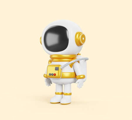 3d cartoon kid astronaut in space suit. Cute little spaceman in white gold spacesuit and helmet isolated on yellow background. Cosmonaut character in costume, render realistic iconの写真素材