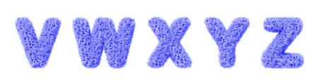 3d blue fur font, fluffy alphabet letters v, w, x, y, z render. Furry english letters with hair texture for fun education kids. Soft fuzzy curly wavy text isolated on white backgroundの写真素材