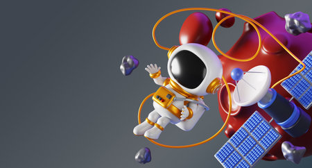 3d cute astronaut in outer space. Cartoon render of cosmonaut in suit and helmet flying in weightlessness, exploring alien planets among stone asteroids and artificial earth satelliteの写真素材