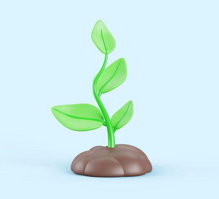 3d green sprout plant growing in soil. Cartoon render icon of young tree with leaves isolated on blue background. Concept of environment, ecology, nature, new life in spring gardenの写真素材