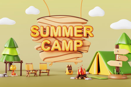 3d summer camp invitation poster with tent, campfire, wooden signboard. Cartoon landscape with trees, chairs, backpack, bowler. Forest camping, vacation, hiking trip, Render ad flyerの写真素材