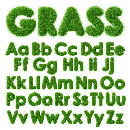 3d grass text with green fluffy font of English ABC alphabet. Fresh plant type effect. Render capital and small letters with soft furry herb texture. Nature, ecology, organic elementsの写真素材