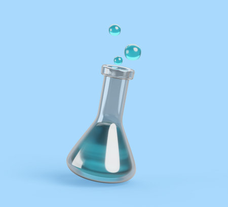 3d chemistry glass erlenmeyer flask with blue liquid substance and bubbles in air. Laboratory conical beaker with chemical reaction. Lab test equipment, science glassware, render iconの写真素材