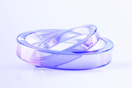 3d abstract glass holographic transparent circles. Crystal glossy rings with motion effect, blue pink gradient. Render iridescent light geometric circular lines, isolated art objectの写真素材
