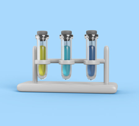 3d chemistry laboratory glass science test tubes in stand. Realistic transparent lab vial equipment with color liquid substance and cap. Chemical glassware isolated on blue backgroundの写真素材