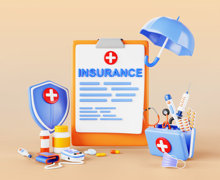 3d health insurance cartoon poster. Clipboard with paper policy form, shield, umbrella, first aid medicine bag, pills, syringe, stethoscope, tonometer. Healthcare, medical insurance. 3D illustrationの写真素材