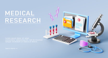 3d medical research banner. Medicine service, laboratory diagnostic, genetic analysis. Lab microscope, blood test tubes, dna molecule, electronic health record on pc computer screen. 3D illustrationの写真素材