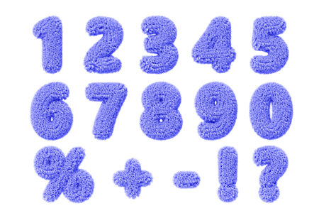 3d fur font, blue fluffy numbers from 0 to 9. Fuzzy curly wavy digits, percent sign, question mark,...