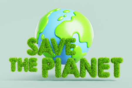 3d save the planet cartoon banner with earth globe and green grass letters texture. Environment protection, renewable energy, sustainable development, eco conservation render conceptの写真素材
